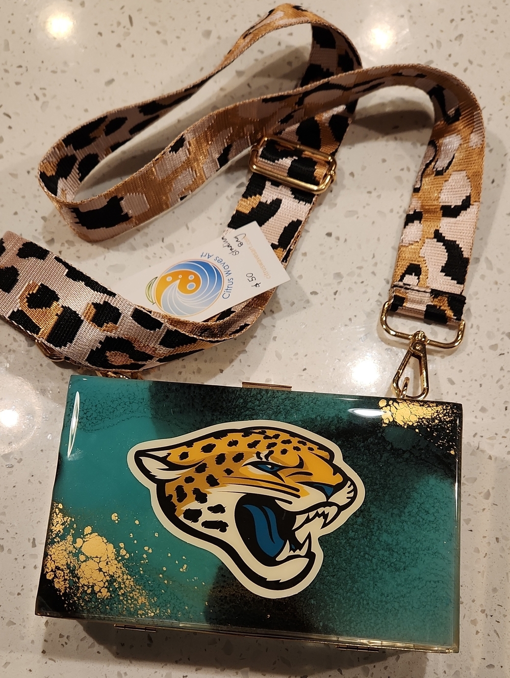 Teal Leopard Graphic Clutch with Gold Accents and Adjustable Strap